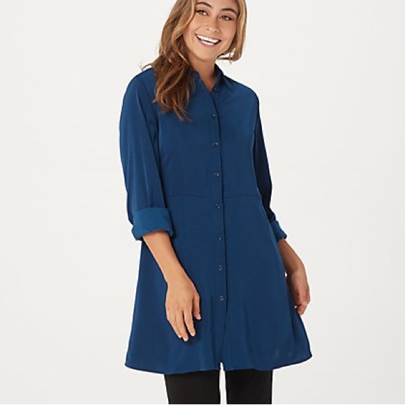 Susan Graver Silky Soft Stretch Peachskin Blue Button Front Big Shirt Large - Picture 2 of 12